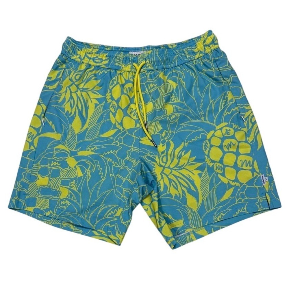 Maamgic‎ Swim Trunks Men L Blue Green Pineapple Print Mesh Lined Zipper Pockets